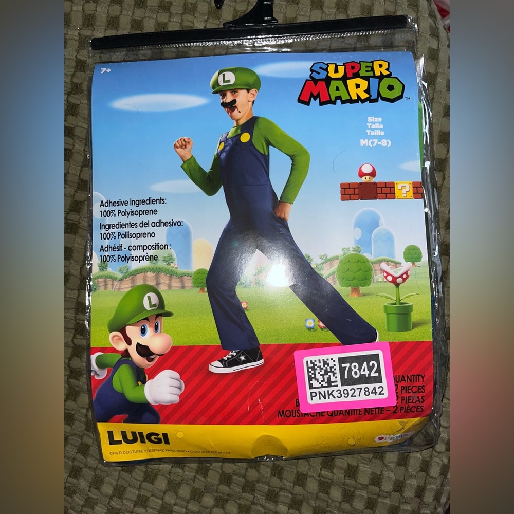 Super Mario Bros Luigi Halloween Costume 3 Pieces Medium 7-8 NEW